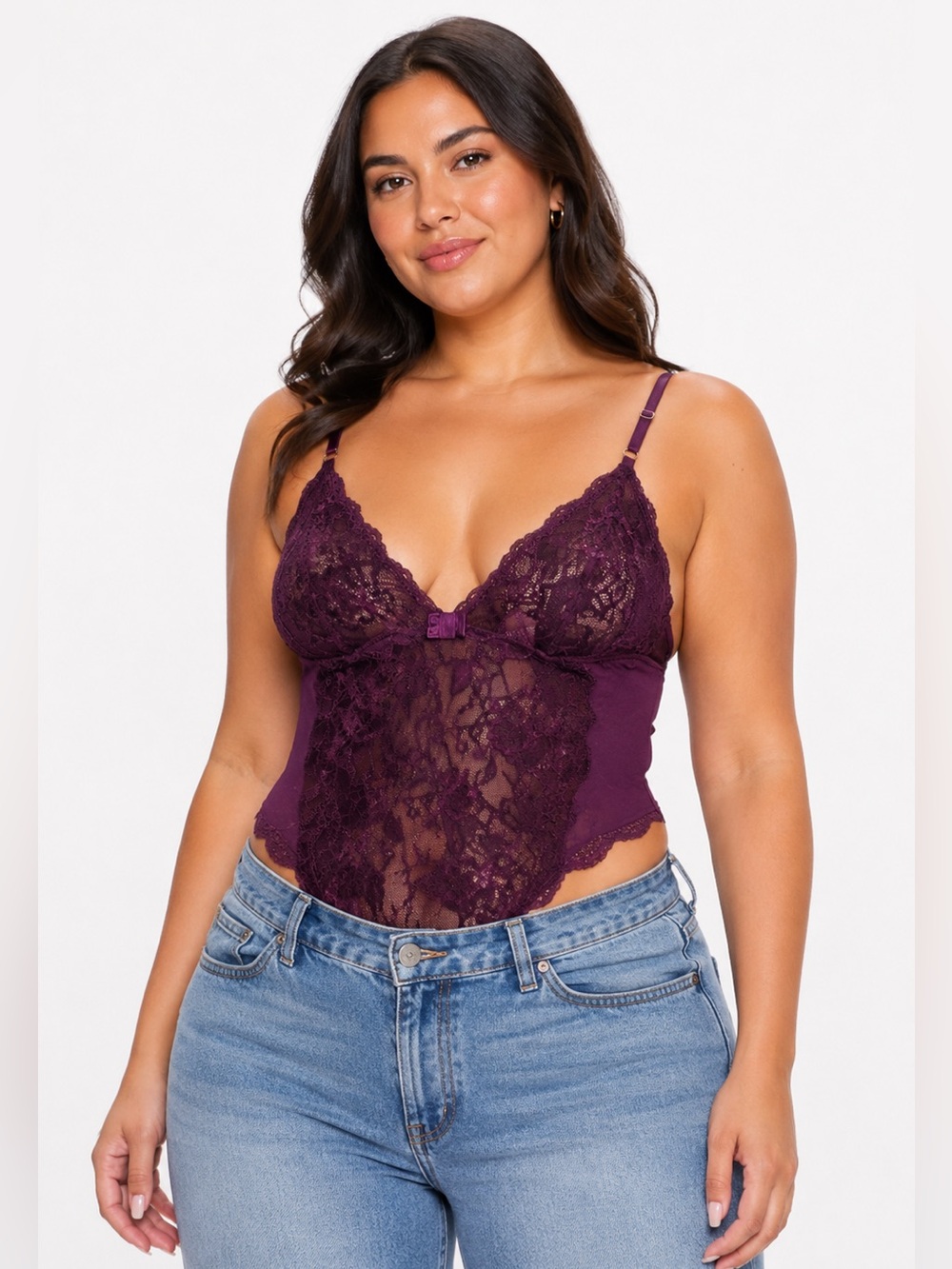 90s/Y2K European Vintage Hunkemöller Satin/Floral Lace Bodysuit (Plum) Size L